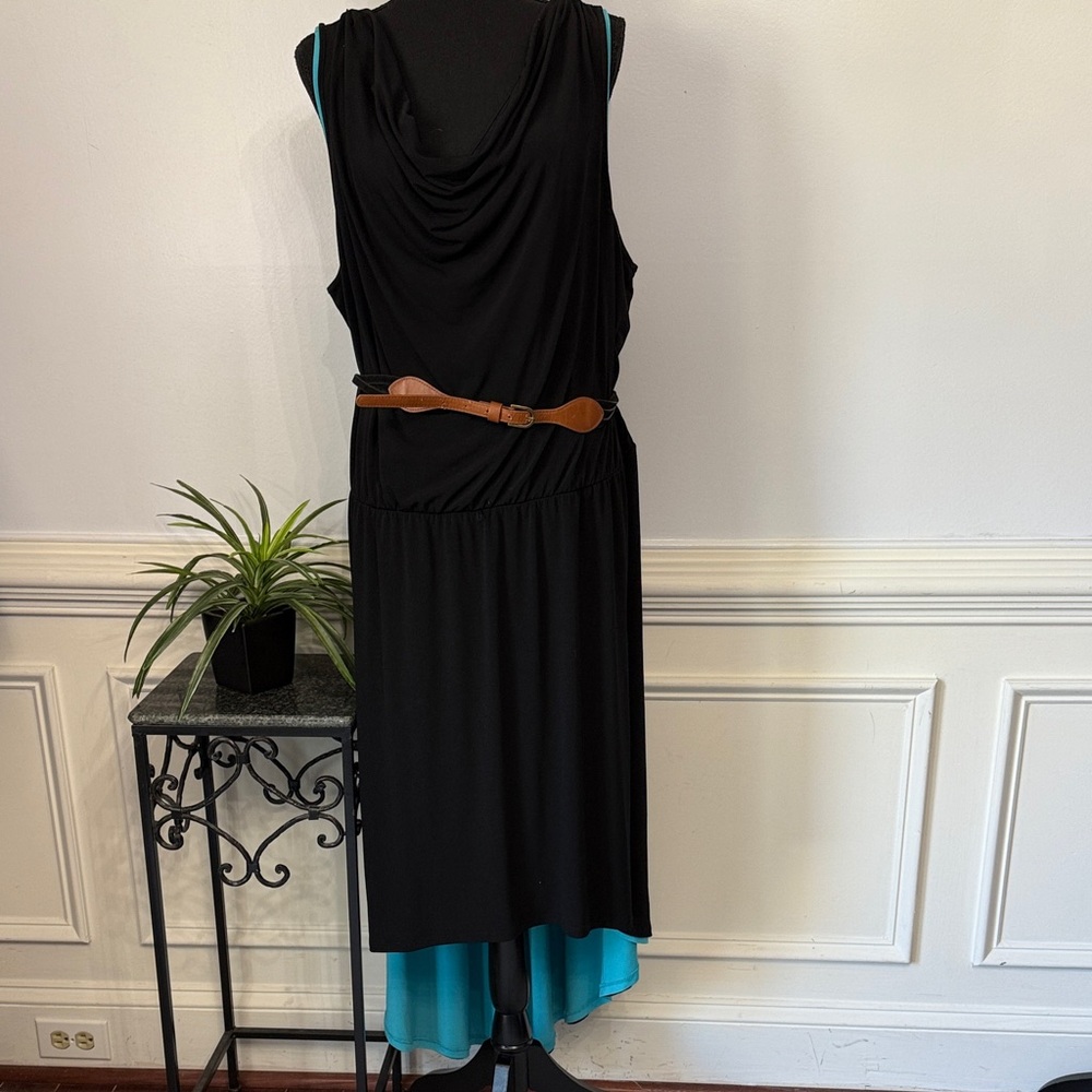 Calvin Klein Black Blue High Low Sleeveless Brown Belt Dress 22W